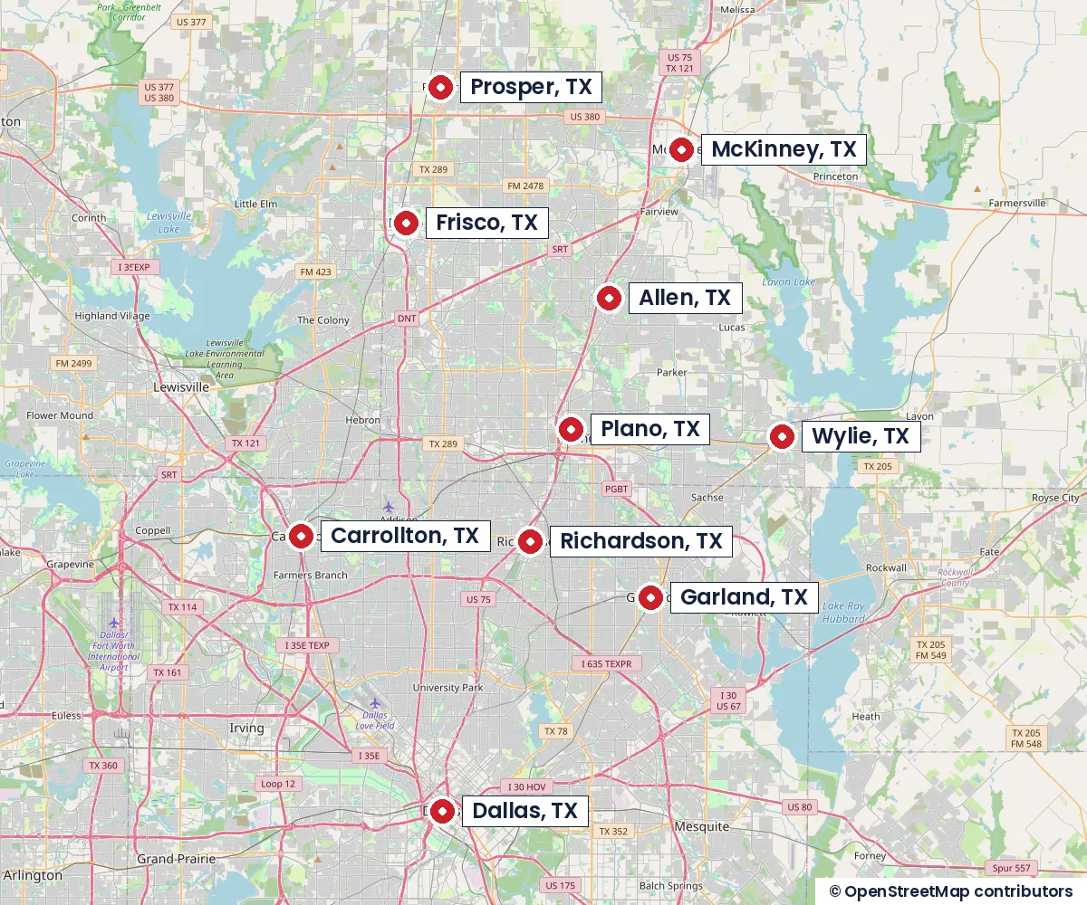 Map of the ClassicABC Heating & Air service area: Plano, Allen, Frisco, McKinney, Prosper, Richardson, Garland, Wylie, Carrollton and Dallas, TX
